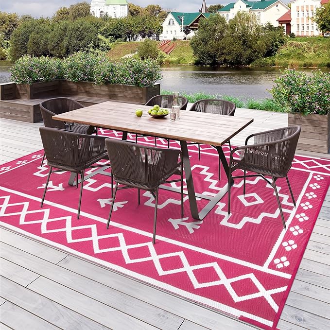 Uphome Outdoor Rugs 8x10 Waterproof, Reversible Hot Pink Boho RV Camping Rug, Patio Plastic Straw Outside Rug, Large Foldable Outdoor Mat Carpet for Backyard Deck Pool Balcony Picnic Beach, 8'x10'