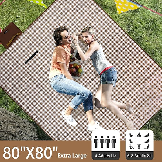 Outdoor Picnic Blanket 80"X80" Picnic Mat Extra Large Camping Blanket Beach Blanket Foldable Waterproof Sand Mat Hiking Travel Family Concerts(Brown)