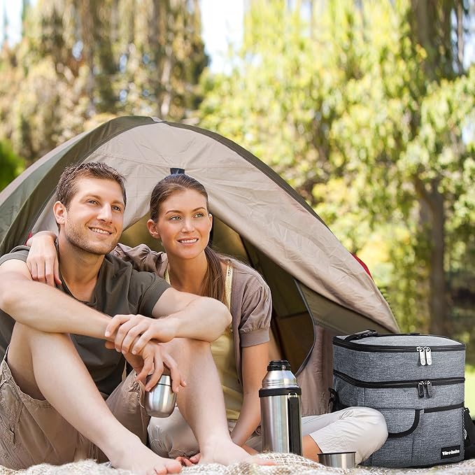 Tirrinia Large Insulated Lunch Box for Women Men, Double-Layer Leak-Proof Reusable Lunch Bag with 4 Pockets for Adult, Lunch Bag Cooler Tote for Office Work and Travel,Carbonarius