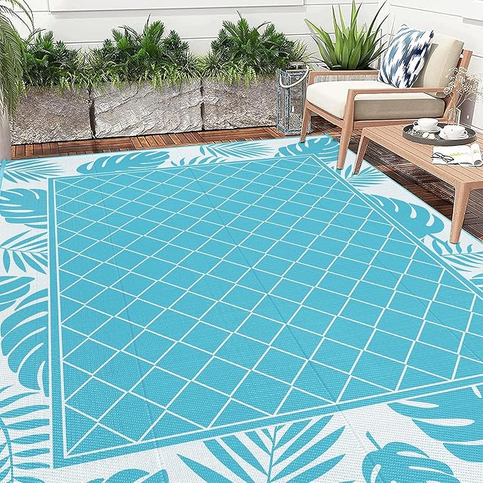 Ileading Outdoor Rug Carpet for Patio 8' x10' Waterproof Reversible Plastic Straw Rug Portable Outside Area Rug Camping Mat for Patio, Clearance, Balcony, Picnic, Pool, Beach, RV, Deck, Teal