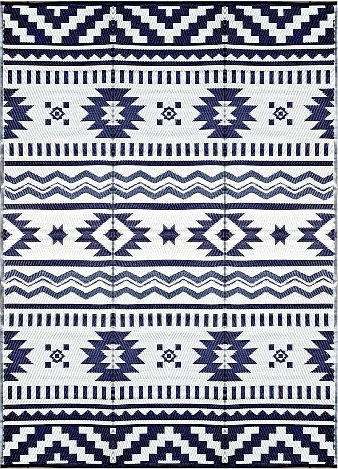 BalajeesUSA Outdoor Rugs 9x12 ft Large Plastic Patio Grey Dark Blue Affordable Multipurpose Woven Plastic Straw All-Weather Waterproof Reversible Camper mat Backyard Picnic Sports Camps Tent 7575