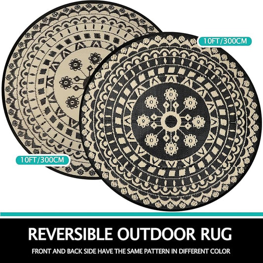 Capslpad 10Ft Round Outdoor Rug for Patio Reversible Mat Waterproof Plastic Straw Rug Boho Circle Indoor Outside Area Rug for RV Camping Picnic Pool Tent Balcony Beach Deck Doormats Decor, Beige