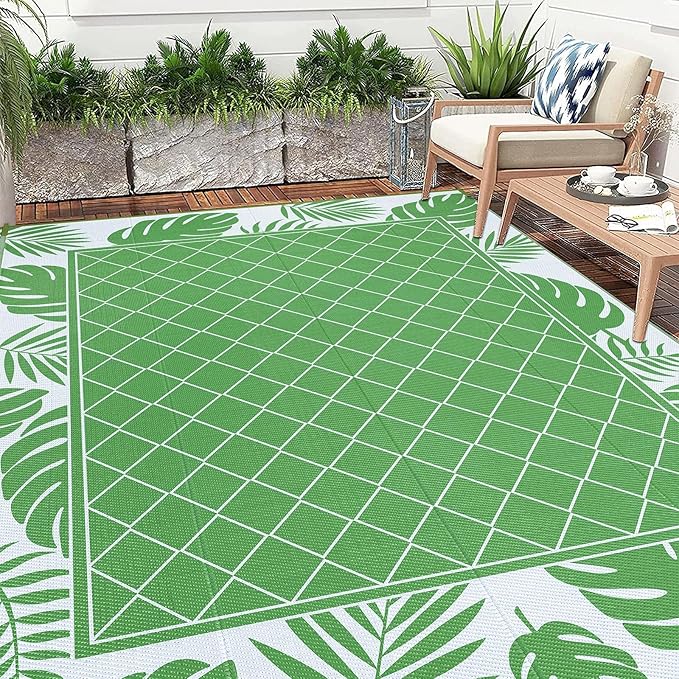Ileading Outdoor Rug Carpet for Patio 8'x10' Waterproof Reversible Plastic Straw Rug Portable Outside Area Rug Camping Mat for Patio, Clearance, Balcony, Picnic, Pool, Beach, RV, Deck, Green
