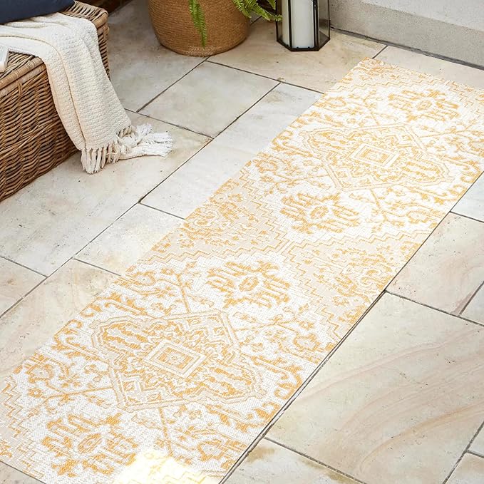 JONATHAN Y SMB105H-28 Estrella Bohemian Medallion Textured Weave Indoor Outdoor Runner Rug, Coastal Traditional Transitional Easy Cleaning,Bedroom,Kitchen,Backyard,Patio, Cream/Yellow, 2 X 8
