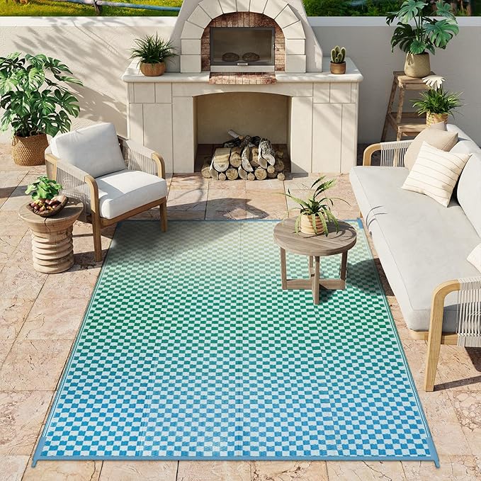Wonnitar Waterproof Outdoor Rug 6x9 - Blue Yellow Gradient Checkered RV Camping Rug, Reversible Plastic Straw Patio Mat for Poolside Deck, Portable Lightweight Colorful Outdoor Carpet
