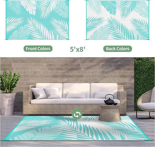 GENIMO Outdoor Rug 5' x 8' Waterproof for Patios Clearance, Reversible Outdoor Plastic Straw Camping Rug Carpet, Large Area Rugs Mats for RV, Picnic, Backyard, Deck, Balcony, Porch, Aqua Blue&White