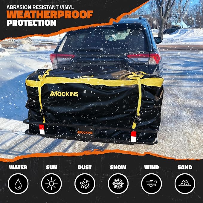 Mockins 20 CuFt Waterproof Cargo Bag for Hitch Carrier | 60x20x29 Weatherproof Trailer Hitch Cargo Carrier Bag for Truck Bed Storage |500D PVC Vehicle Soft-Shell Carriers Car Bag w/Waterproof Zipper