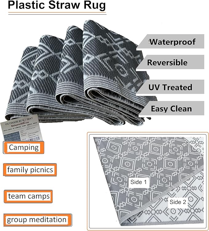 BalajeesUSA Outdoor Area Rug - 9x18 feet, Grey, Reversible mats, Recycled Plastic Straw Rugs, Outdoor Patio Rugs Clearance, Waterproof, Large RV Camper Mats 7063