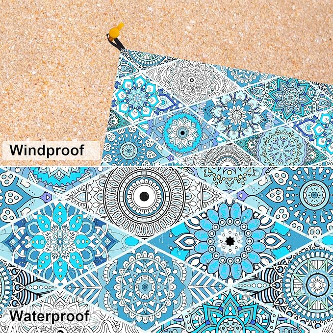 Teal Mandala Beach Blanket Waterproof Sandproof, Large Beach Mat Sand Free for 2-4 Adults, Lightweight Outdoor Picnic Blanket for Travel, Camping, Hiking, Essentials Accessories for Vacation
