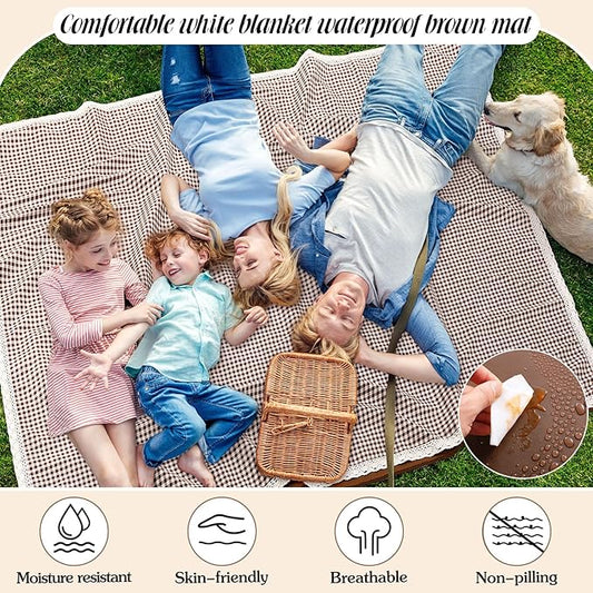 Waterproof Picnic Blankets Outdoor Blanket Foldable 2 in 1 Double Layer Sandproof Beach Mat with Carry Strap for Camping Lawn Park Beach Grass(Coffee White,59 x 79 Inches)