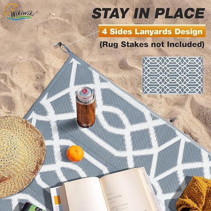 wikiwiki Outdoor Rug, 6x9ft Waterproof Reversible Mat Indoor Outdoor Rugs Carpet, Small Area Rug Plastic Straw Rug for Patio Deck Balcony Pool RV Camping Beach Picnic, Grey, Rugscape Series
