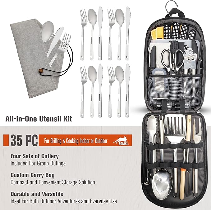BOMKI Grilling and Camping Cooking Utensils Set for The Outdoors BBQ - Camping Utensil Set Camping Kitchen Set Cookware Accessories Camping Essentials Camping Stuff Camp Cooking Set (Black Pro)