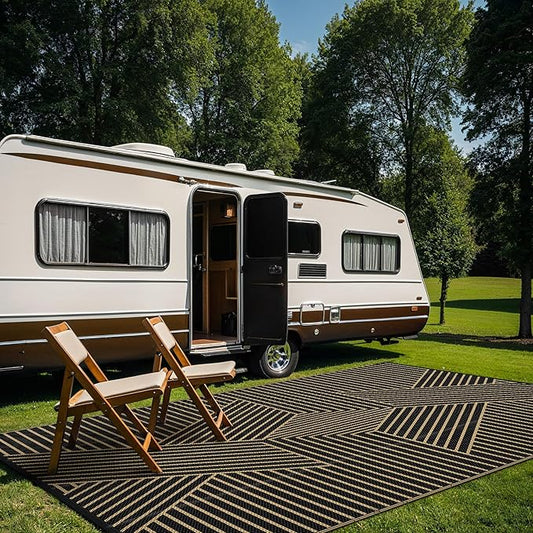 GENIMO Outdoor Rug 9'x12' for Patio Waterproof Clearance, Reversible Outdoor Plastic Straw Rug, Lightweight Carpet Camping Mat for Rv, Camper, Picnic, Balcony, Backyard, Deck, Porch, Black & Brown