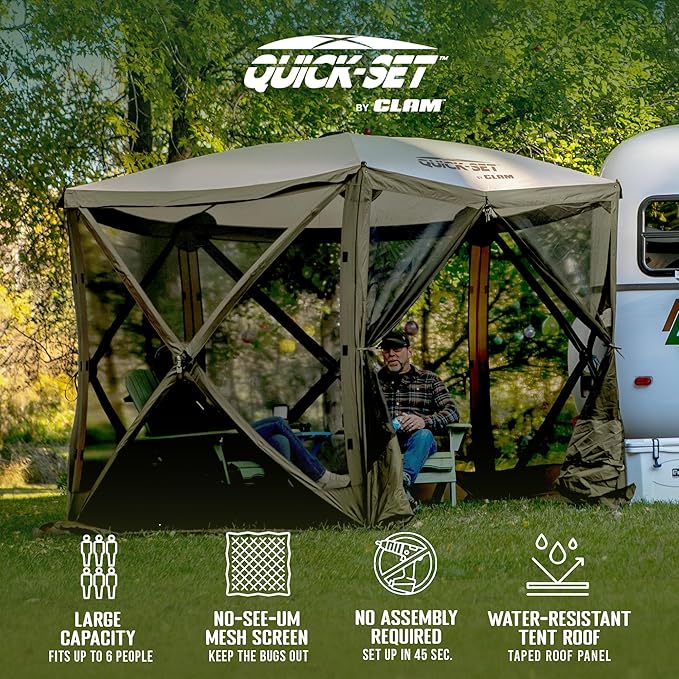 CLAM Quick Set Venture 9x9 Ft Portable Outdoor Camping Canopy Shelter, Green/Tan + Clam Quick Set Screen Hub Tent Wind & Sun Panels, Green (2 Pack)
