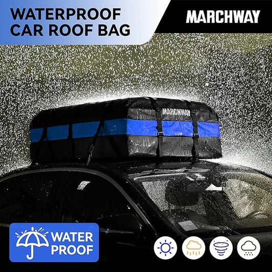 MARCHWAY Waterproof Car Roof Luggage Bag, Weatherproof Soft Shell Rooftop Cargo Carrier Bag for Vehicles with or Without Rack. 6 Door Hooks, Anti Slip Mat, Lock Included (21 Cubic Feet, Blue)