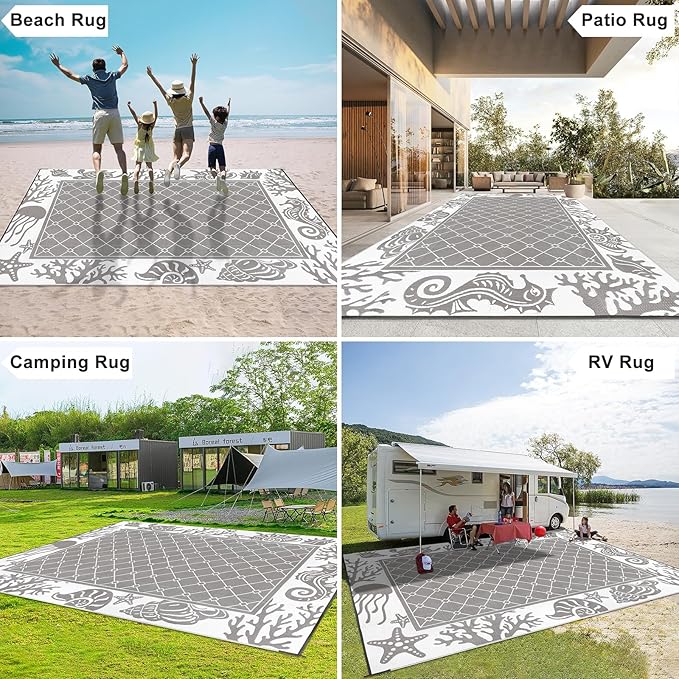 Vaukki Reversible Rugs, Plastic Straw Outdoor Doormat, Fade Resistant Plastic Outdoor Patio Mat, Lightweight Ocean Area Carpet for Patio, RV, Camping, Beach, Deck, Backyard and Picnic (Grey, 10'x14')