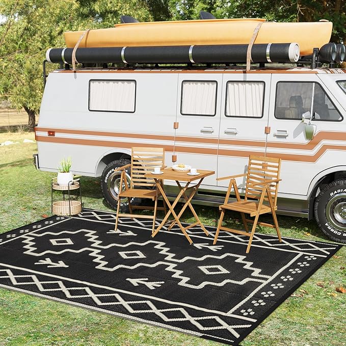 Uphome Outdoor Rugs 8x10 Waterproof, Reversible Black Boho RV Camping Rug, Patio Plastic Straw Outside Rug, Large Foldable Outdoor Mat Carpet for Backyard Deck Pool Balcony Picnic Beach, 8'x10'