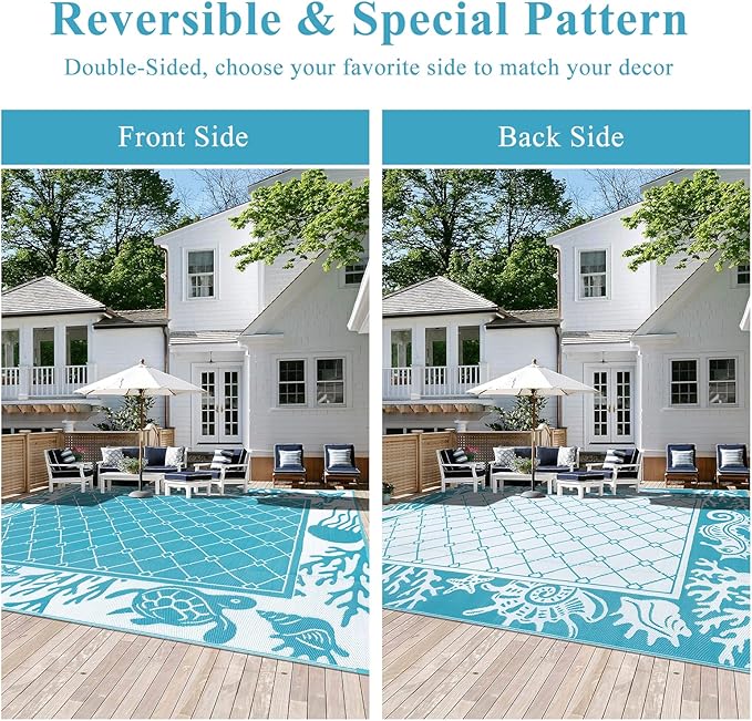 Vaukki Reversible Rugs, Plastic Straw Outdoor Doormat, Fade Resistant Plastic Outdoor Patio Mat, Lightweight Ocean Area Carpet for Patio, RV, Camping, Beach, Deck, Backyard and Picnic (Teal, 9'x12')