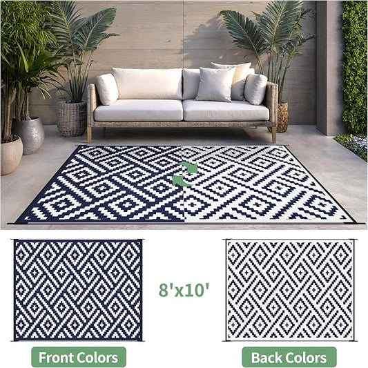 Outdoor Rug for Patio - Waterproof Plastic Straw Camping Rugs 8x10 ft, Reversible Outdoor Indoor RV Mat Carpet for Patio, Porch, Deck, Balcony, Picnic, Beach, Blue White