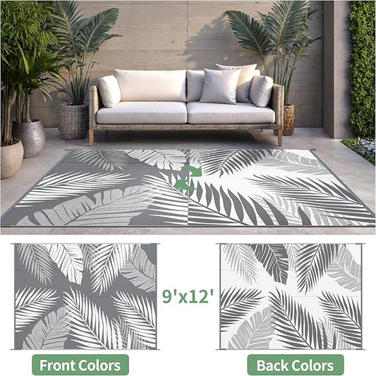 Outdoor Rug 9' x 12' for Patio Waterproof Clearance, Reversible Indoor Outdoor Plastic Straw Camping Rug Carpet, RV Mat, Large Area Rug for Deck, Backyard, Balcony, Porch, Beach,Grey and White