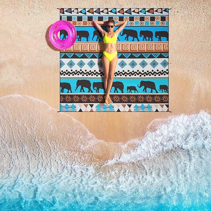 Beach Blanket Waterproof Sandproof Beach Mat for 1-8 Adults Quick Drying Durable Outdoor Picnic Mat for Beach Festival Travel Camping Hiking (Elephant-GN, 79"ร83"(4 Person))
