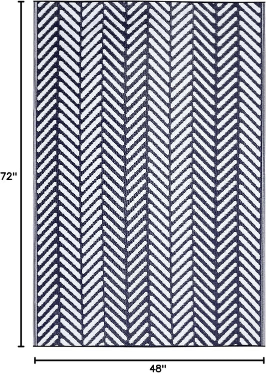 FH Home Outdoor Rug - Waterproof, Fade Resistant, Reversible - Premium Recycled Plastic - Herringbone - Patio, Deck, Porch, Balcony, Laundry Room - Fresno - Navy Crease Free - 4 x 6 ft