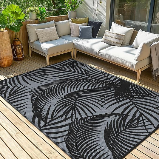GENIMO Outdoor Rug 9' x 12' Waterproof for Patio Clearance, Reversible Plastic Straw Camping Carpet, Lightweight Mats for Rv, Backyard, Deck, Porch, Picnic, Beach, Balcony, Mix-Black & Gray