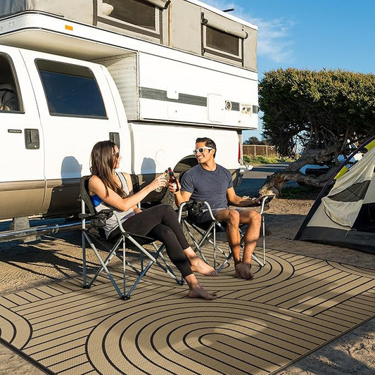 GENIMO Outdoor Rug 6'x9' Patio Waterproof, Lightweight Outdoor Plastic Straw Rug Clearance, Reversible Camping Mat Outdoor Carpet for RV, Picnic, Backyard, Deck, Balcony, Porch, Black & Brown