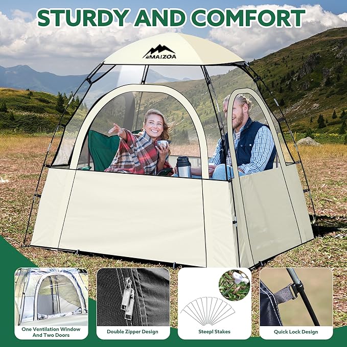 Sports Tent, 2-3 Person Outdoor Tent, 540° Transparent View,Waterproof/Coldproof, with Removable Top Cover, for Watching Sporting Events, Camping, Outdoor Activities (Khaki&Black) (Khaki)
