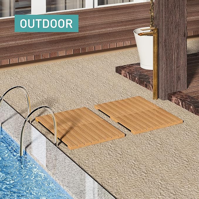 Waterproof Bamboo Bath Mat for Shower, Wooden Floor Mat for Bathroom, Foldable | Non-Slip | Heavy Duty, Shower Mat for Indoor Outdoor, 23.5in x 15.6in