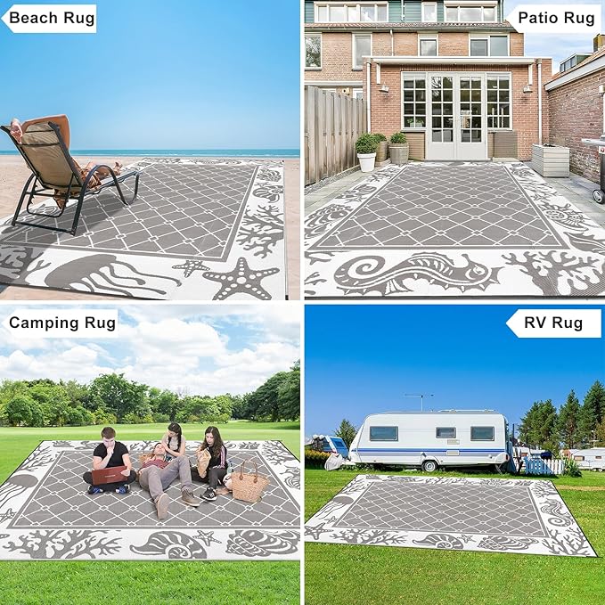 Vaukki Reversible Rugs, Plastic Straw Outdoor Doormat, Fade Resistant Plastic Outdoor Patio Mat, Lightweight Ocean Area Carpet for Patio, RV, Camping, Beach, Deck, Backyard and Picnic (Grey, 9'x12')