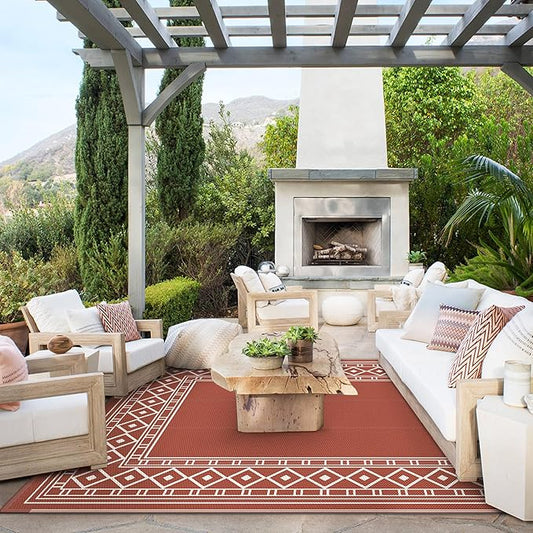 GENIMO Outdoor Rug Waterproof 6'x9' for Patio, Foldable Reversible Plastic Straw Carpet for Travel Trailers, Outside Area Mat for Rv, Deck, Picnic, Porch, Camper, Balcony, Beach, Brick Red