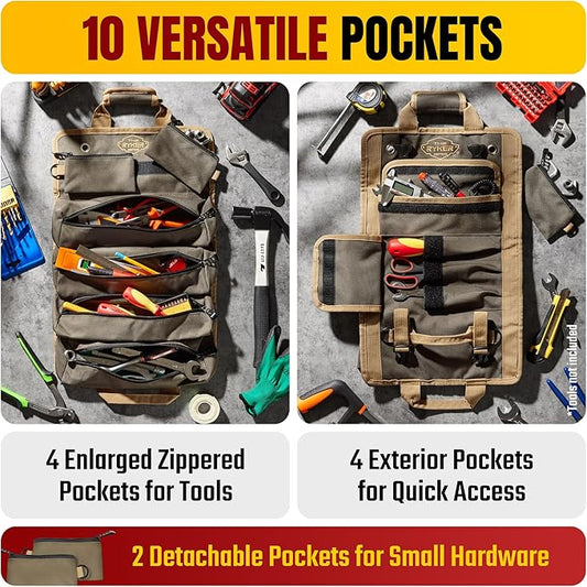 The Ryker Roll Up Tool Bag Organizer Gifts for him Heavy Duty Motorcycle Tool Roll Bag Organizer Portable Rollup Toolbag w/Accessible Pouches - Mens gifts for Dad, Mechanic & Electrician (AP-TR)