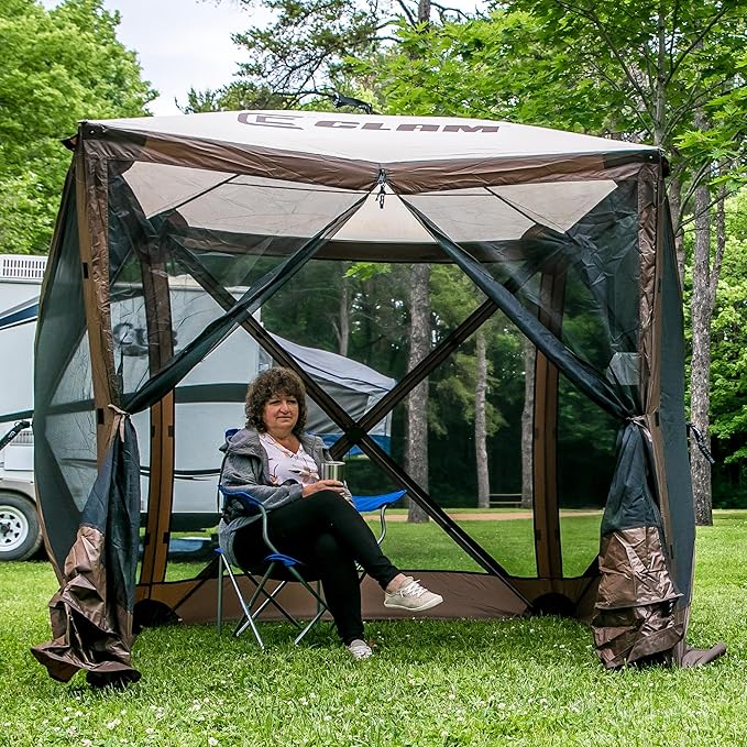 CLAM Quick Set Traveler 6 by 6 Foot Portable Pop Up Outdoor Camping Gazebo Screen Tent 4 Sided Canopy Shelter with Carry Bag and Wind Panel, Brown
