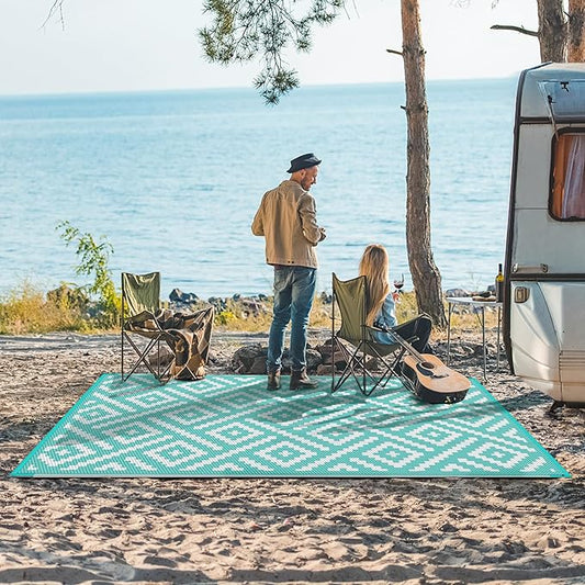 GENIMO Outdoor Rug for Patio Clearance, 6'x9' Waterproof Camping Mat, Reversible Plastic Straw Rugs for RV, Camper, Balcony, Backyard, Picnic, Deck (Aqua Blue & White)