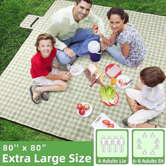 ZAZE Extra Large Picnic Outdoor Blanket, 80''x80'' Waterproof Foldable Blankets Gingham Picnic Mat for Beach, Camping Grass Lawn Park Accessories Cute Couple Gifts Ideas Wedding Registry(Green White)