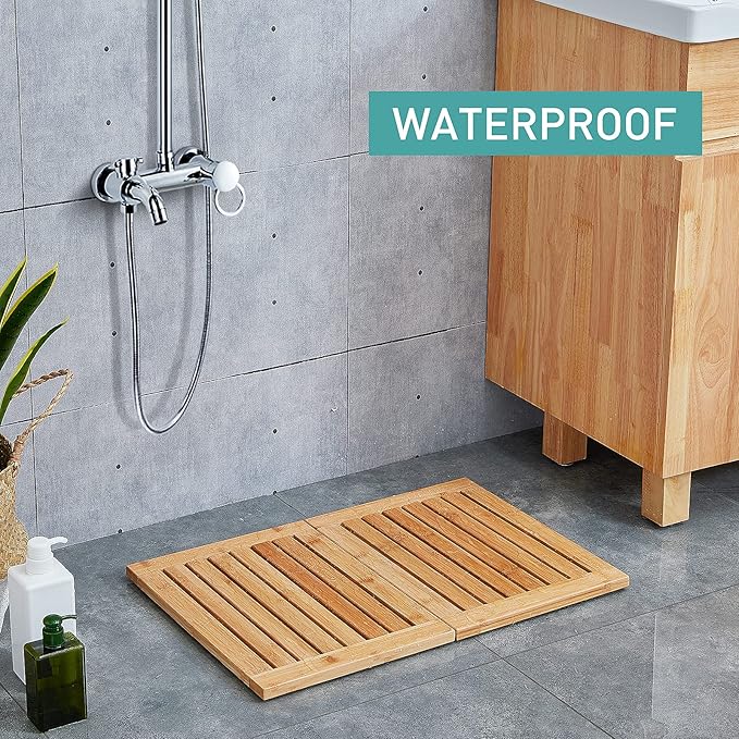 Waterproof Bamboo Bath Mat for Shower, Foldable | Non-Slip | Heavy Duty, Wooden Bath Mat, Floor Mat and Doormat for Indoor Outdoor, 23.4in x 15.6in