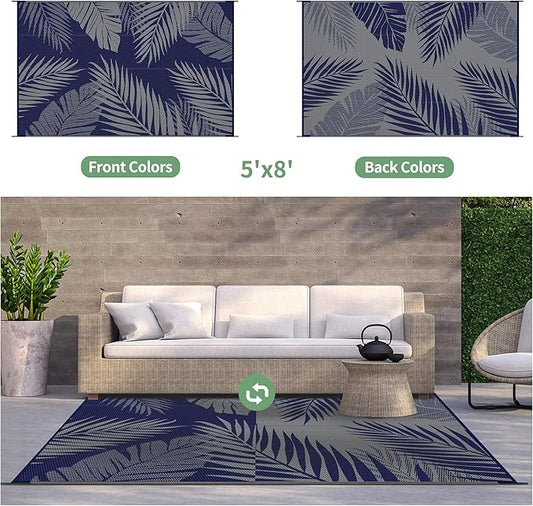 GENIMO Outdoor Rug 5' x 8' Waterproof for Patios Clearance, Reversible Outdoor Plastic Straw Camping Rug Carpet, Large Area Rugs Mats for RV, Picnic, Backyard, Deck, Balcony, Porch, Beach, Blue&Grey