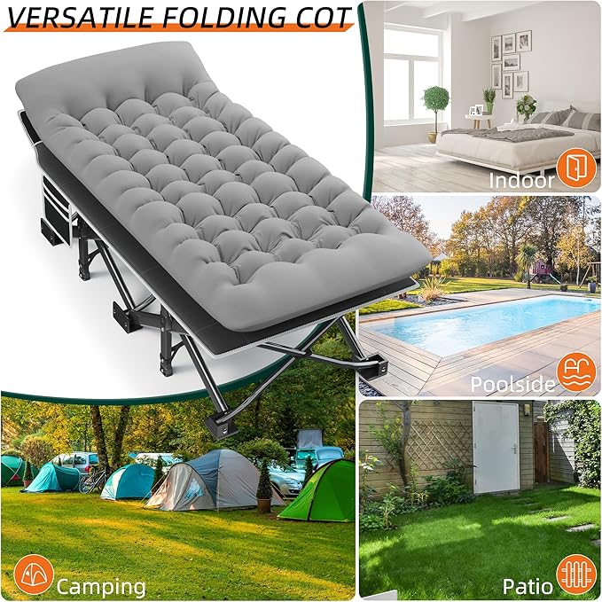 Portable Camping Cot, 32" Extra Wide Camping Cots for Adults with Thick Mattress, Heavy Duty Sleeping Cot Holds Up to 600LBS, Cots for Sleeping, Rv, Beach, Patio, Office Naps(Grey)