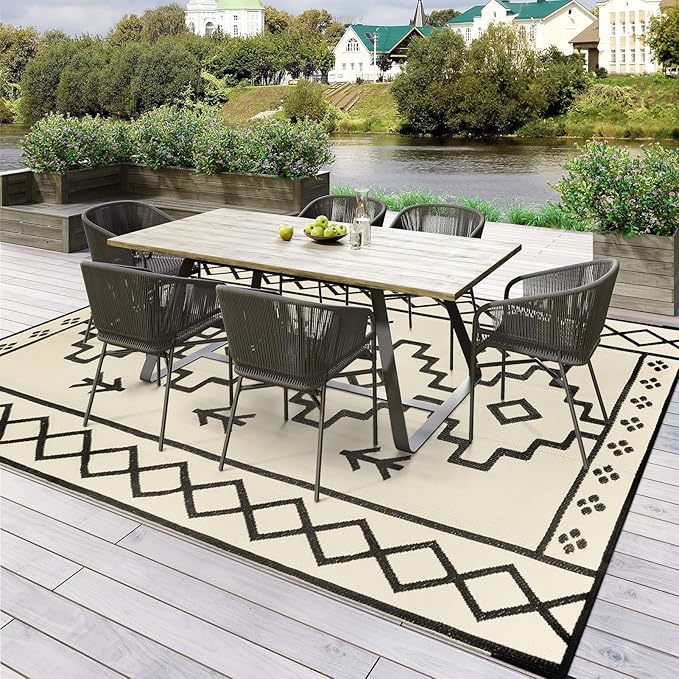 Uphome Outdoor Rugs 8x10 Waterproof, Reversible Tan Boho RV Camping Rug, Patio Plastic Straw Outside Rug, Large Foldable Outdoor Mat Carpet for Backyard Deck Pool Balcony Picnic Beach, 8'x10'