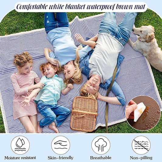 Waterproof Picnic Blankets Outdoor Blanket Foldable 2 in 1 Double Layer Sandproof Beach Mat with Carry Strap for Camping Lawn Park Beach Grass(Blue White,59 x 79 Inches)