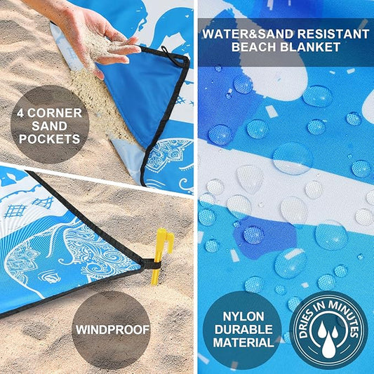 Beach Blanket Waterproof Sandproof Beach Mat for 1-8 Adults Quick Drying Durable Outdoor Picnic Mat for Beach Festival Travel Camping Hiking (Elephant-GC BL, 79"×83"(4 Person))