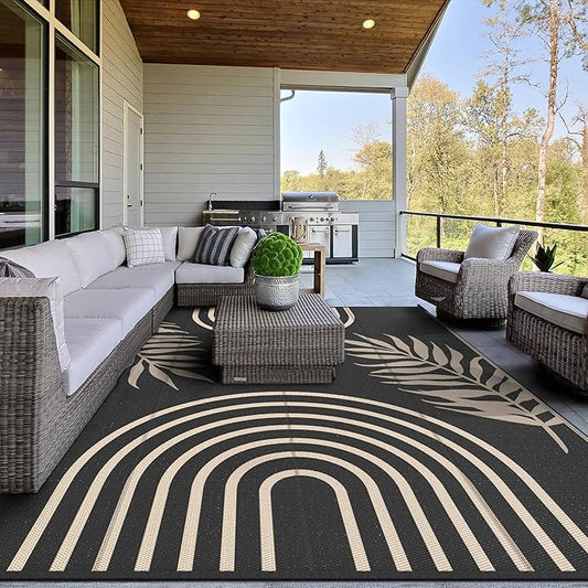 GENIMO Outdoor Rug 9' x 12' Waterproof for Patio Clearance, Reversible Lightweight Plastic Straw Camping Carpet, Large Area Rugs Mats for Rv, Backyard, Deck, Porch, Picnic, Balcony, Mix-Black & Beige