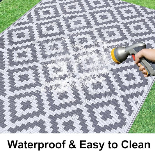 Smiry Waterproof Outdoor Rug 9x12 ft, Reversible Plastic Straw Patio Camping Rugs, Outdoor Indoor RV Mat Carpet for Patio, Outside Entry, Backyard, Deck, Bench, Picnic, Camper, White & Grey