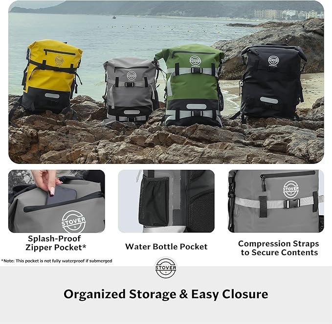 STOVER 5/10/25/30/40/55L Waterproof Dry Backpack- Large Floating Dry Bag for Kayaking, Travel, Tubing, Hiking, Fishing, Camping, Motorcycles & the Beach, Heavy-Duty Roll Top Men/Women (Grey)