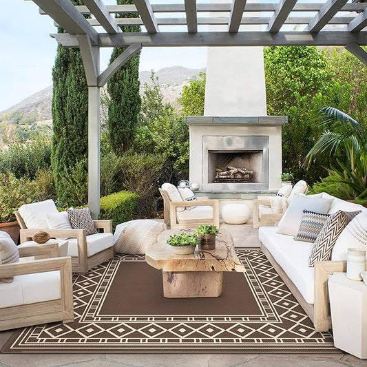 GENIMO Outdoor Rug Waterproof for Patio Decor, 10'x10' Foldable Reversible Plastic Straw Carpet, Outside Area Mat for Rv, Deck, Picnic, Porch, Camper, Balcony, Beach, Coffee & Beige