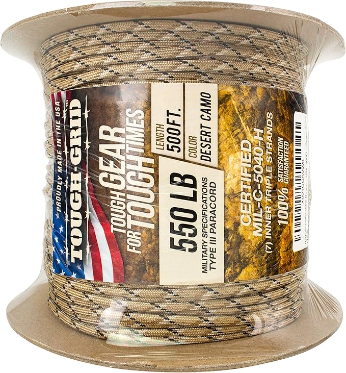 TOUGH-GRID Premium Desert Camo Paracord 550 lbs Made in USA Outdoor Survival Nylon Rope Tactical Heavy Duty Strands Parachute Cord Used by US Military Type III Mil-Spec
