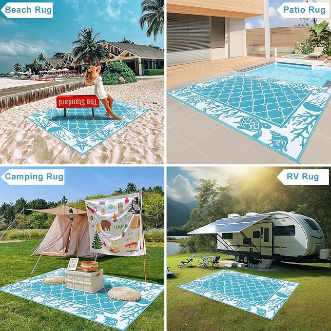Vaukki Reversible Rugs, Plastic Straw Outdoor Doormat, Fade Resistant Plastic Outdoor Patio Mat, Lightweight Ocean Area Carpet for Patio, RV, Camping, Beach, Deck, Backyard and Picnic (Teal, 5'x8')