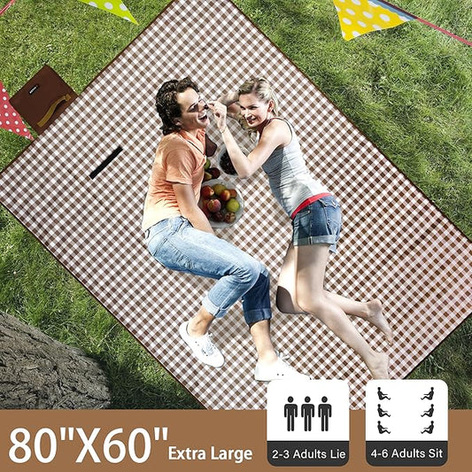 Picnic Blanket Outdoor Extra Large Picnic Mat 80"X60" Camping Blanket Beach Blanket Foldable Waterproof Sand Mat Hiking Travel Family Concerts(Brown)