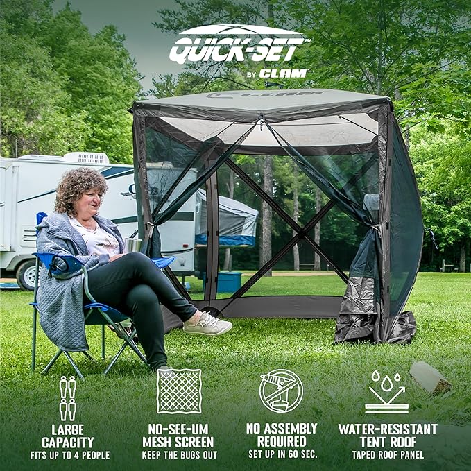 CLAM Quick Set Traveler 6 x 6 Ft Portable Outdoor 4 Sided Canopy, Gray + CLAM Quick Set Screen Hub Tent Wind & Sun Panels, Accessory Only, Gray